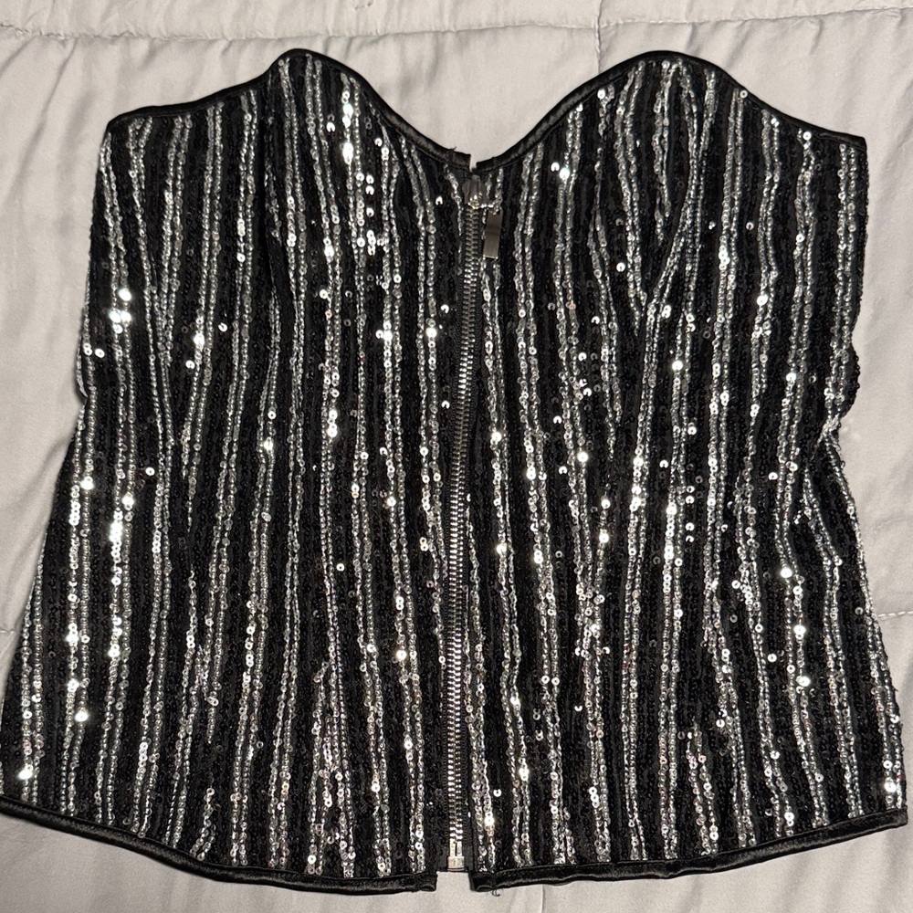 Black and Silver Sequin Strapless Corset Top